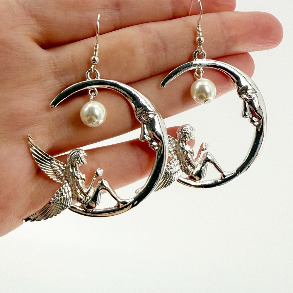 Celestial Moon Fairy Earrings Silver Tone Pearl Angel Fantasy Dangle
